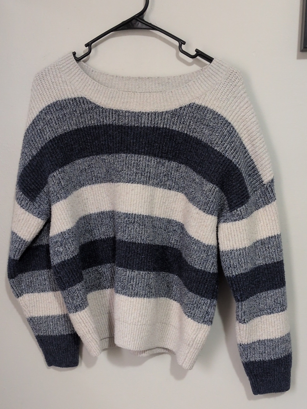 Thread & Supply Navy, Gray and Cream Striped Rib-Knit Crewneck Sweater